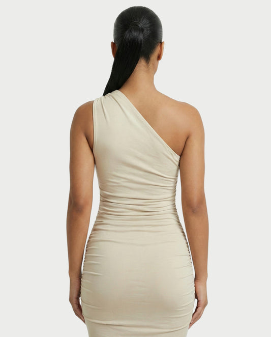 HANIMA One-Shoulder Ruched Maxi Dress